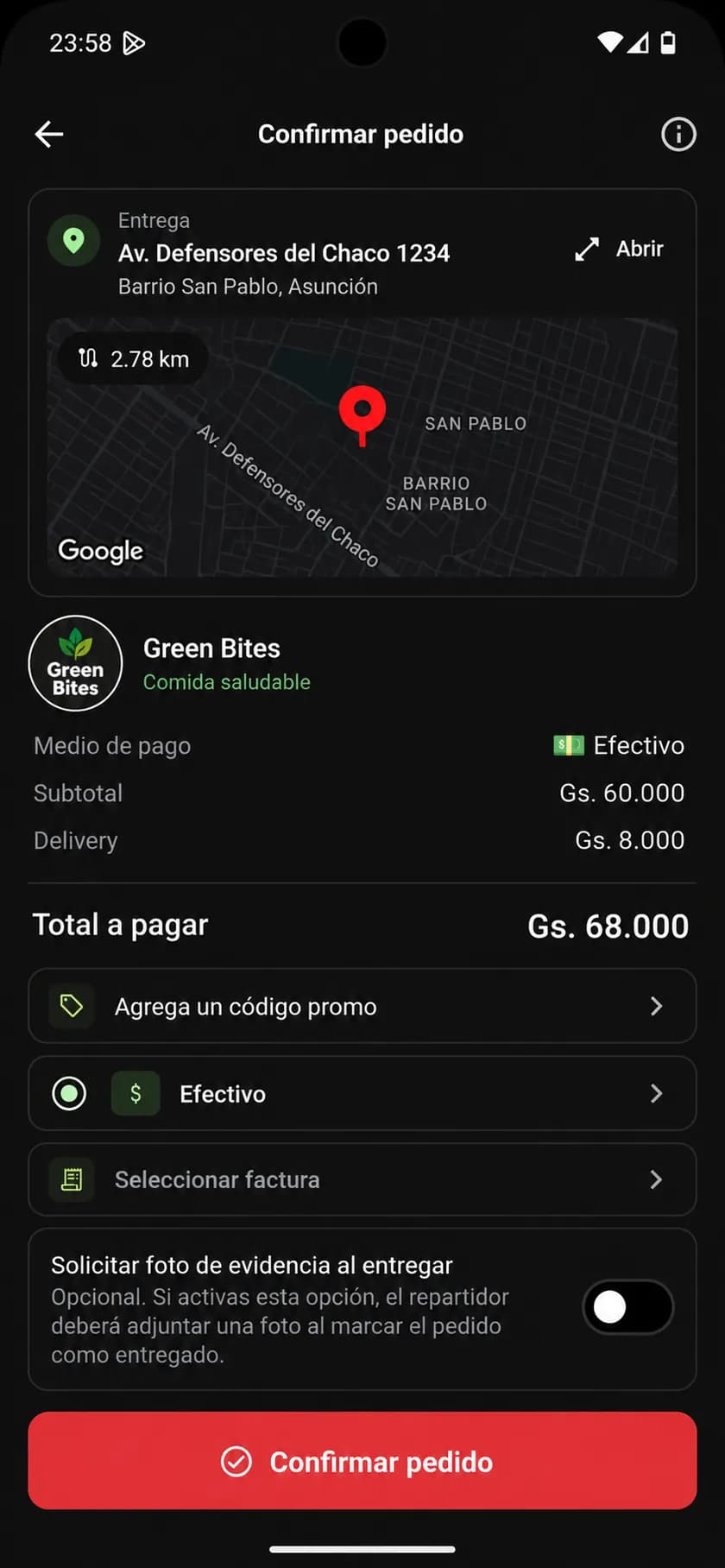 Pantalla de confirmación de pedido con subtotal, envío y total a pagar